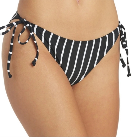Roxy PT Beach Classics Bikini Swim Bottoms Tie Side Black White Stripe - Picture 2 of 7